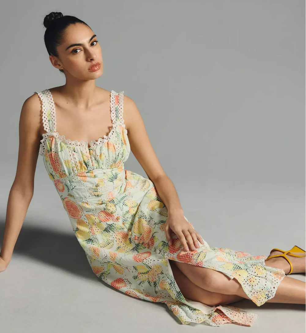 Anthropologie Ruffled Eyelet Dress fruit floral